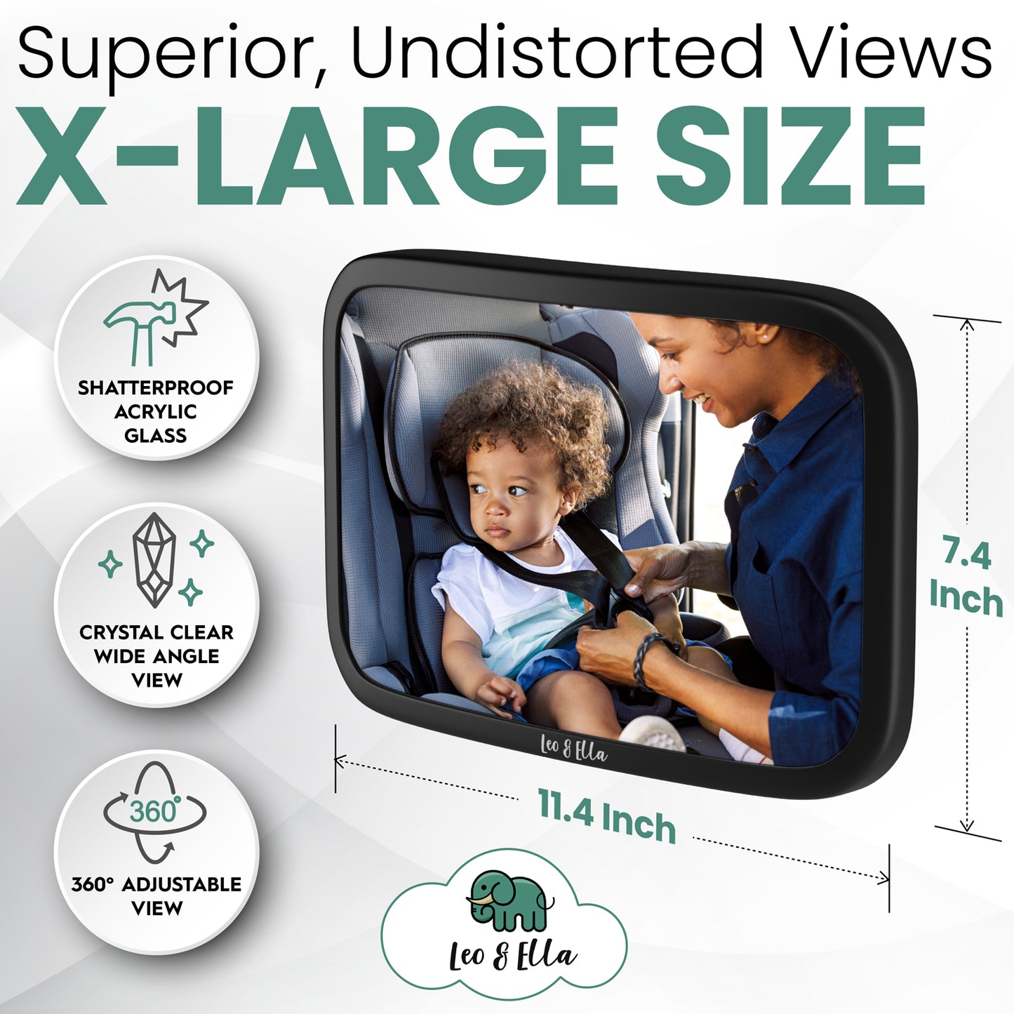 Leo&Ella Large Baby Car Mirror, Extra Wide View of Baby in Rear-Facing Carseat